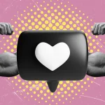 Ilustración tipo collage de un icono de me gusta con brazos musculosos, representando el concepto de marca fuerte en redes sociales.