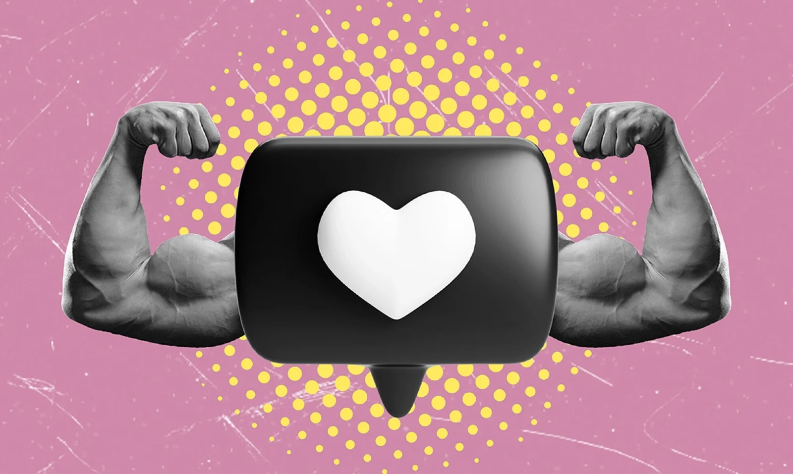 Ilustración tipo collage de un icono de me gusta con brazos musculosos, representando el concepto de marca fuerte en redes sociales.