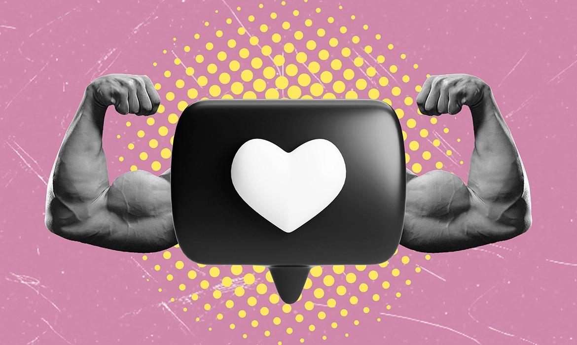 Ilustración tipo collage de un icono de me gusta con brazos musculosos, representando el concepto de marca fuerte en redes sociales.